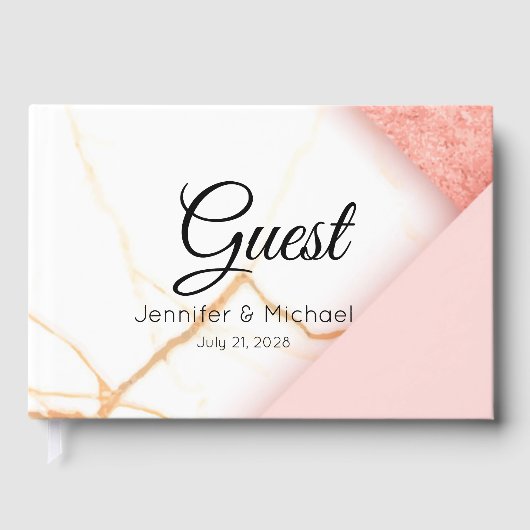 Moderne roze en goudmarmer gastenboek (Voorkant)