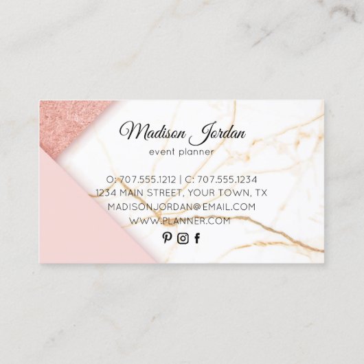 Moderne roze en goudmarmer Glitter Visitekaartje (Achterkant)