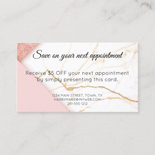 Moderne roze en goudmarmer kortingskaartje (Voorkant)