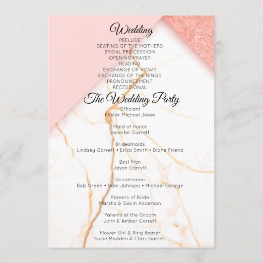 Moderne roze en goudmarmer programmakaart (Achterkant)