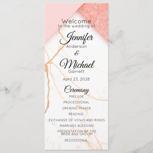 Moderne roze en goudmarmer programmakaart (Voorkant)