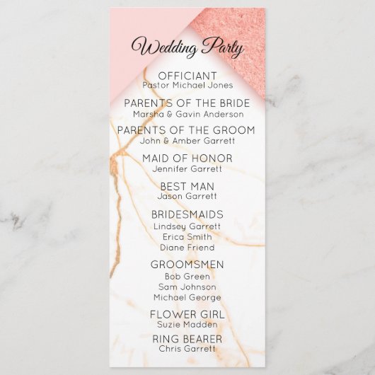 Moderne roze en goudmarmer programmakaart (Achterkant)