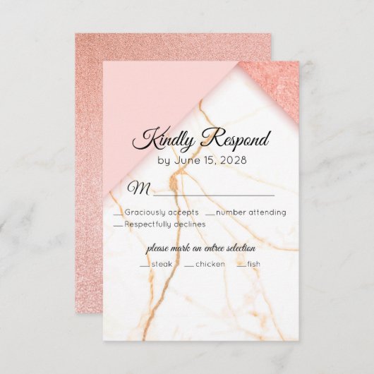 Moderne roze en goudmarmer RSVP kaartje (Voorkant / Achterkant)