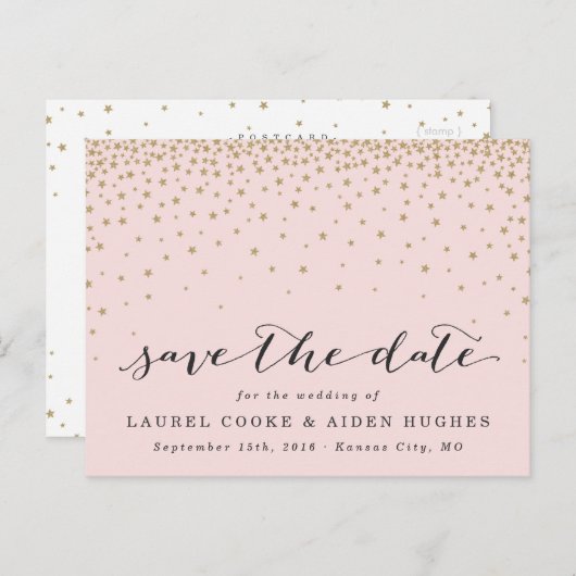 Moderne roze en goudsterren sparen de datum aankondigingskaart (Voorkant / Achterkant)