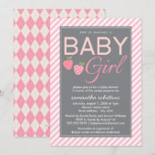 Moderne roze en grijze Baby shower Girl Berry Swee Kaart (Voorkant / Achterkant)