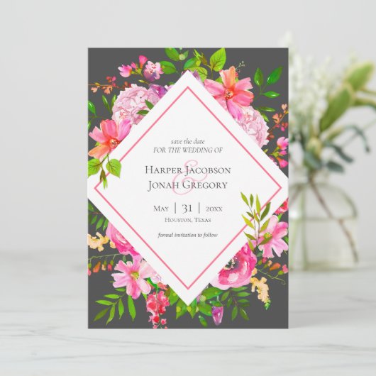 Moderne roze en grijze bloemenbruiloft Save the Da Kaart (Staand voorkant)