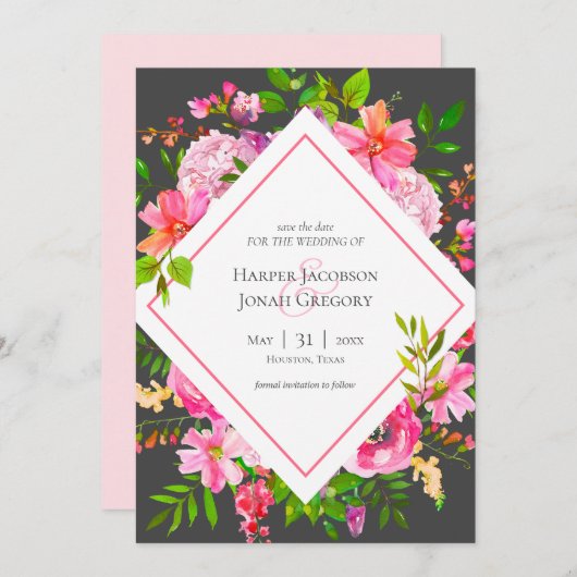 Moderne roze en grijze bloemenbruiloft Save the Da Kaart (Voorkant / Achterkant)
