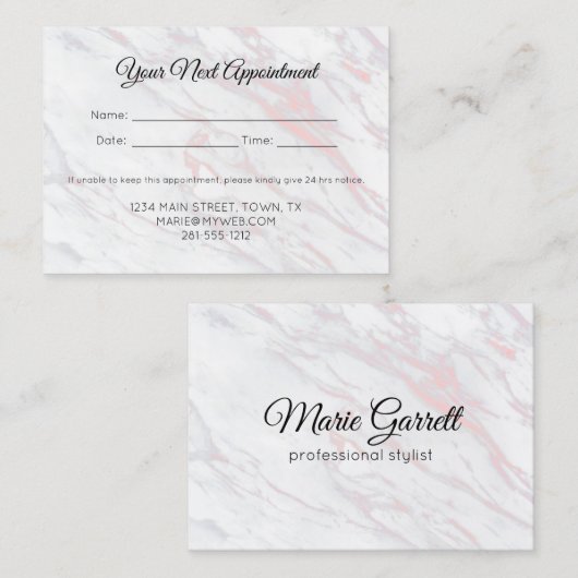 Moderne roze en grijze marmer afsprakenkaartje (Voorkant / Achterkant)
