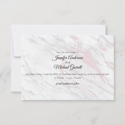 Moderne roze en grijze marmer save the date (Achterkant)