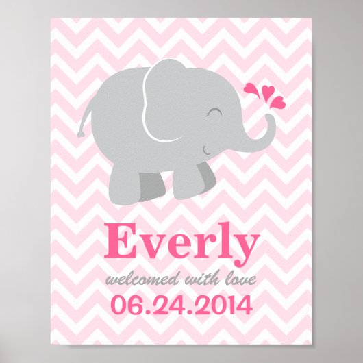 Moderne roze en grijze olifant aangepast monogram poster (Voorkant)