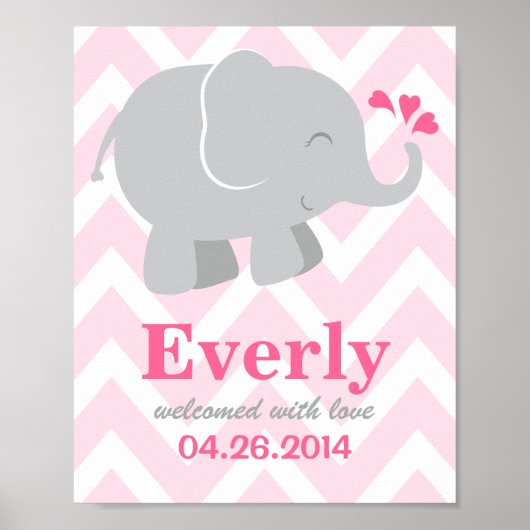 Moderne roze en grijze olifant aangepast monogram poster (Voorkant)