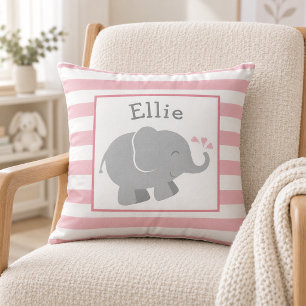 Moderne Roze en Grijze Olifant Monogram Kussen