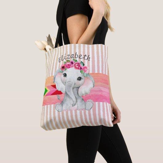 Moderne Roze en Grijze Olifant Monogram Luiertas Tote Bag (Dichtbij)