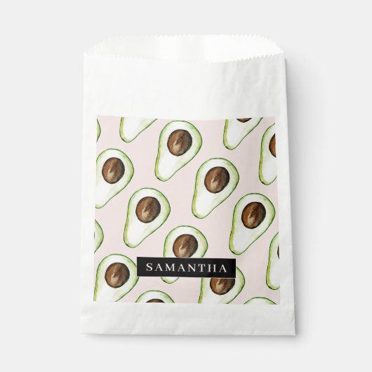 Moderne roze en groene Avocado-patroon met naam Bedankzakje (Voorkant)