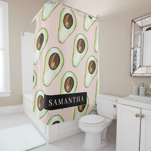Moderne roze en groene Avocado-patroon met naam Douchegordijn (In situ)