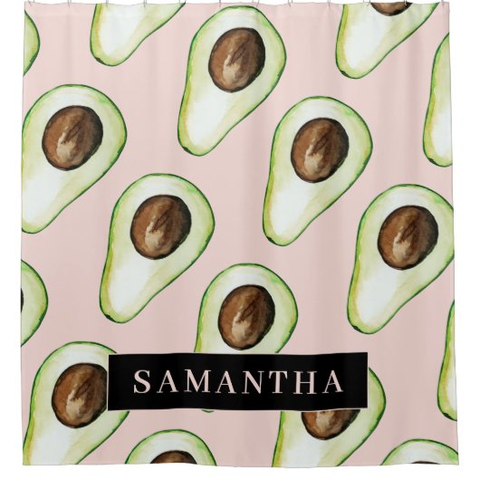 Moderne roze en groene Avocado-patroon met naam Douchegordijn (Voorkant)