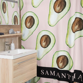 Moderne roze en groene Avocado-patroon met naam Douchegordijn