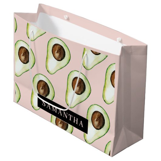 Moderne roze en groene Avocado-patroon met naam Groot Cadeauzakje (Voorkant Gekanteld)