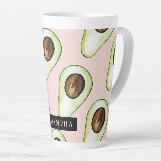 Moderne roze en groene Avocado-patroon met naam Latte Mok (Rechterhoek)