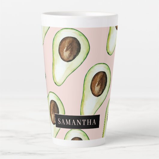 Moderne roze en groene Avocado-patroon met naam Latte Mok (Voorkant)