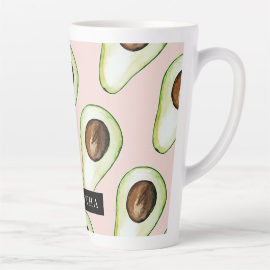 Moderne roze en groene Avocado-patroon met naam Latte Mok (Rechts)