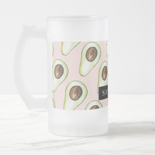 Moderne roze en groene Avocado-patroon met naam Matglas Bierpul (Links)