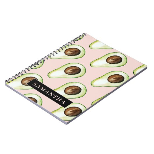 Moderne roze en groene Avocado-patroon met naam Notitieboek (Linkerzijde)
