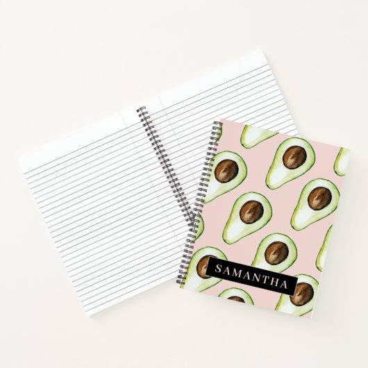 Moderne roze en groene Avocado-patroon met naam Notitieboek (Binnen)