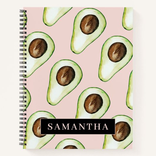 Moderne roze en groene Avocado-patroon met naam Notitieboek (Voorkant)