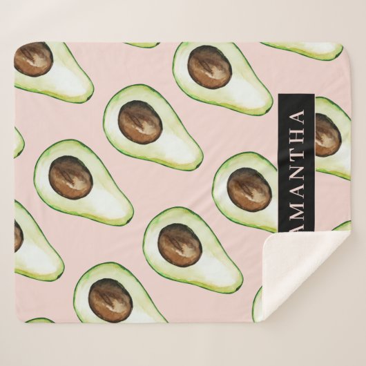 Moderne roze en groene Avocado-patroon met naam Sherpa Deken (Voorkant (horizontaal))