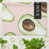 Moderne roze en groene Avocado-patroon met naam Theedoek (Gevouwen)