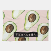 Moderne roze en groene Avocado-patroon met naam Theedoek (Horizontaal)