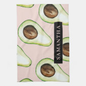Moderne roze en groene Avocado-patroon met naam Theedoek (Verticaal)