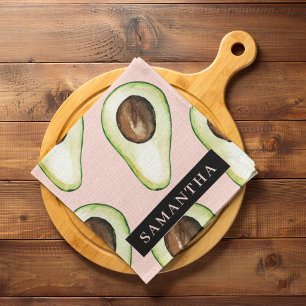 Moderne roze en groene Avocado-patroon met naam Theedoek