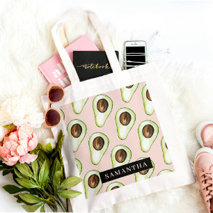 Moderne roze en groene Avocado-patroon met naam Tote Bag