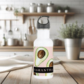 Moderne roze en groene Avocado-patroon met naam Waterfles