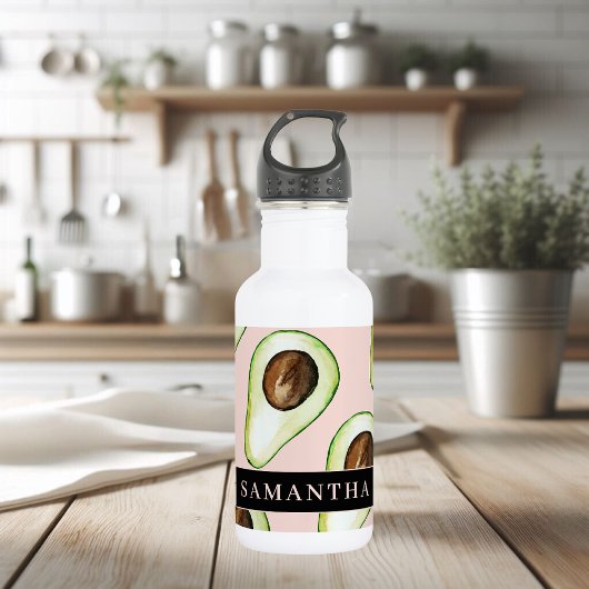 Moderne roze en groene Avocado-patroon met naam Waterfles