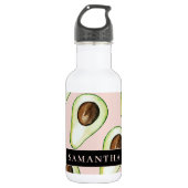 Moderne roze en groene Avocado-patroon met naam Waterfles (Voorkant)