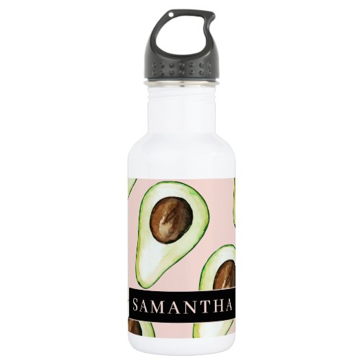 Moderne roze en groene Avocado-patroon met naam Waterfles (Voorkant)