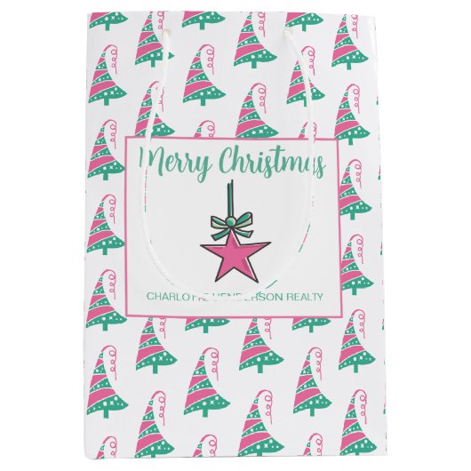 Moderne roze en groene kerstboomster medium cadeauzakje (Voorkant)