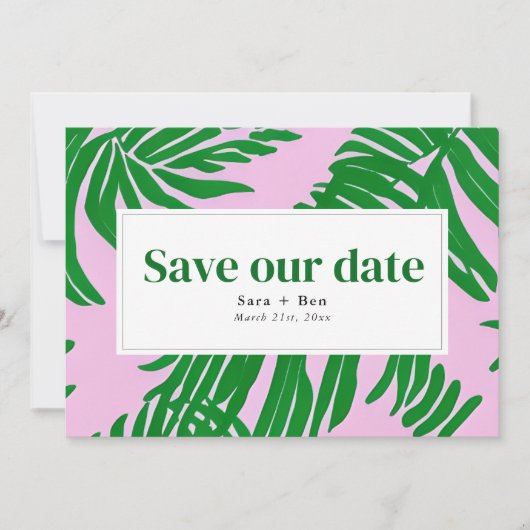 Moderne roze en groene strandpalmbruiloft save the date (Voorkant)
