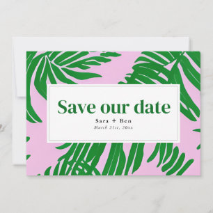 Moderne roze en groene strandpalmbruiloft save the date