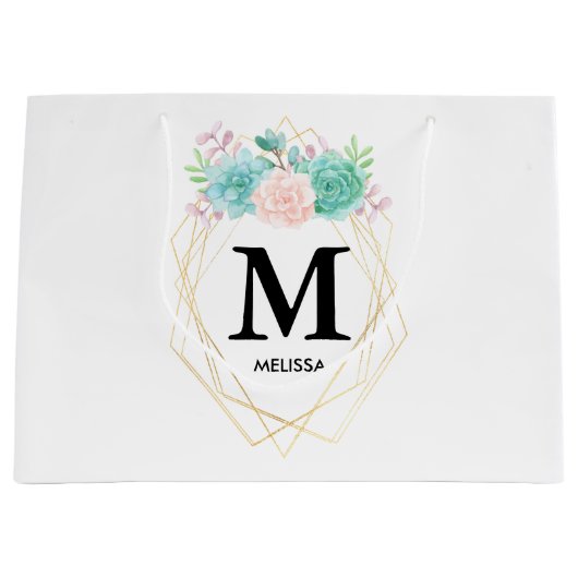 Moderne roze en groene Waterverf monogram Groot Cadeauzakje (Voorkant)