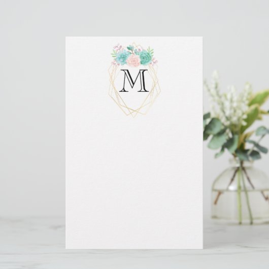Moderne roze en groene Waterverf Succulent Monogra Briefpapier (Staand voorkant)