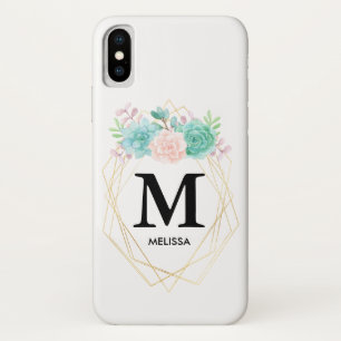 Moderne roze en groene Waterverf Succulent Monogra Case-Mate iPhone Case