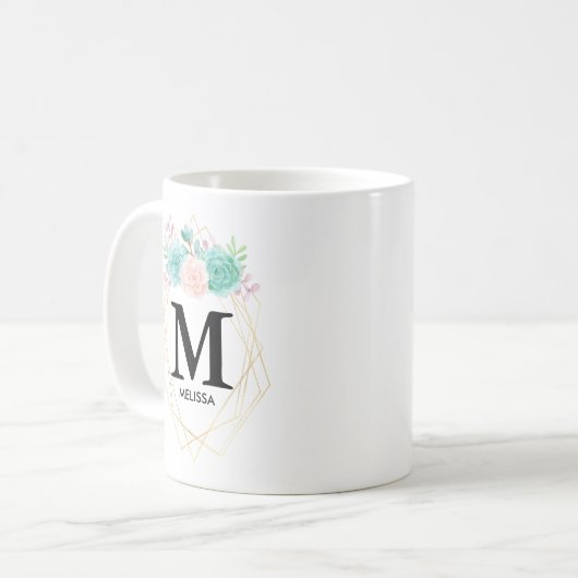 Moderne roze en groene Waterverf Succulent Monogra Koffiemok (Voorkant links)