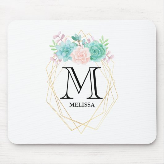 Moderne roze en groene Waterverf Succulent Monogra Muismat (Voorkant)