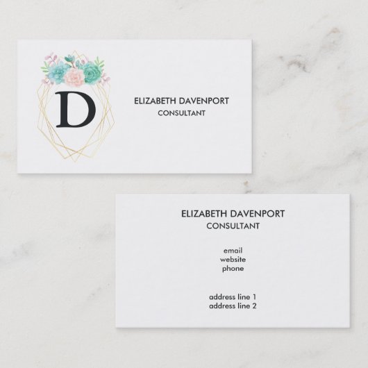 Moderne roze en groene Waterverf Succulent Monogra Visitekaartje (Voorkant / Achterkant)