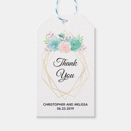 Moderne roze en groene Waterverf Succulents Weddin Cadeaulabel (Voorkant)