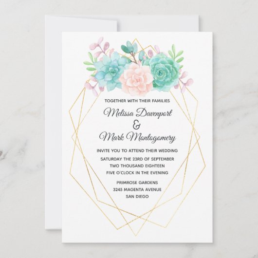 Moderne roze en groene Waterverf Succulents Weddin Kaart (Voorkant)